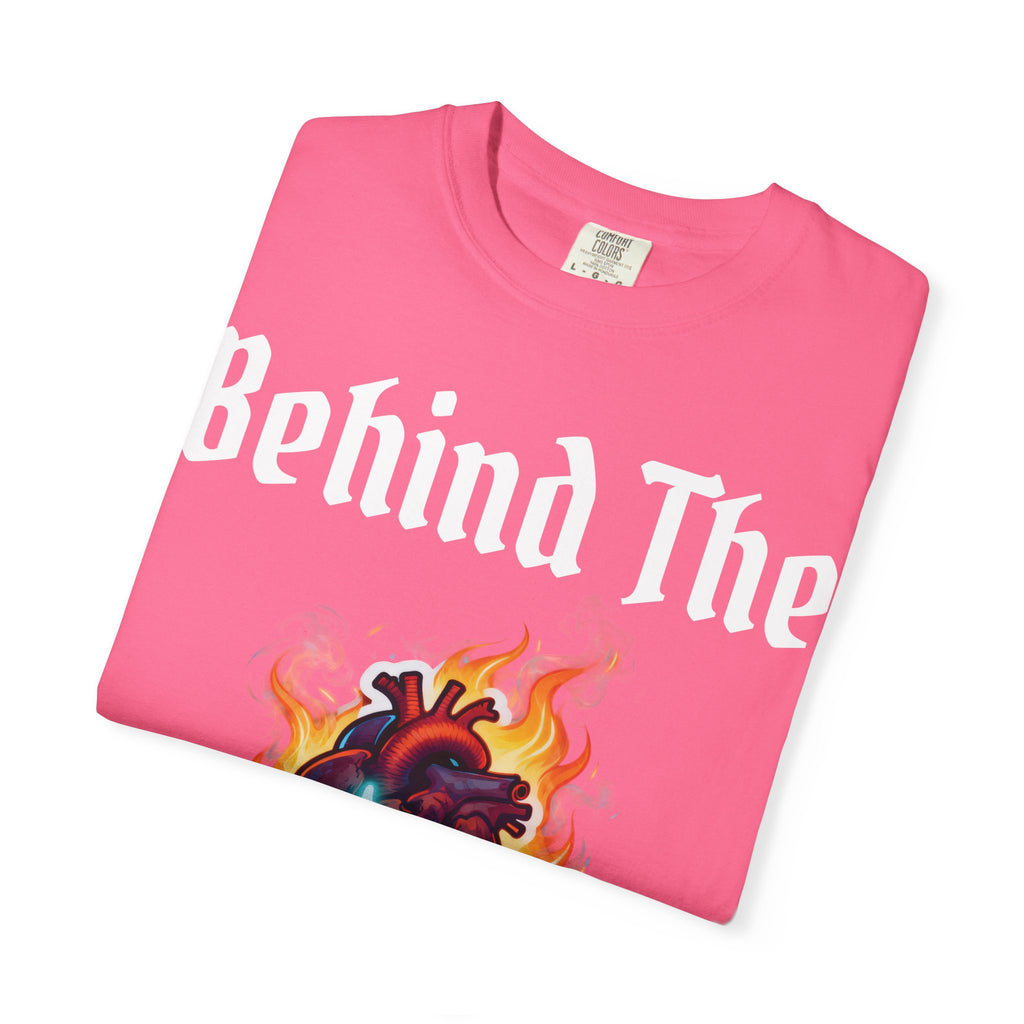 White text T-Shirt — "Behind The Scars" Flaming Heart Design