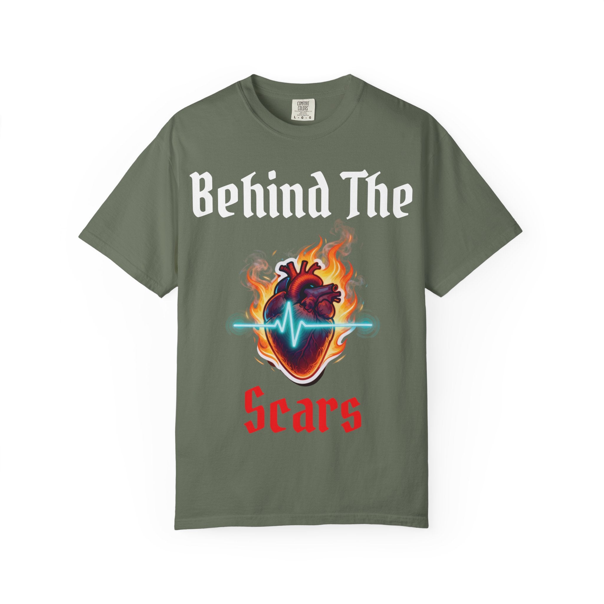 White text T-Shirt — "Behind The Scars" Flaming Heart Design