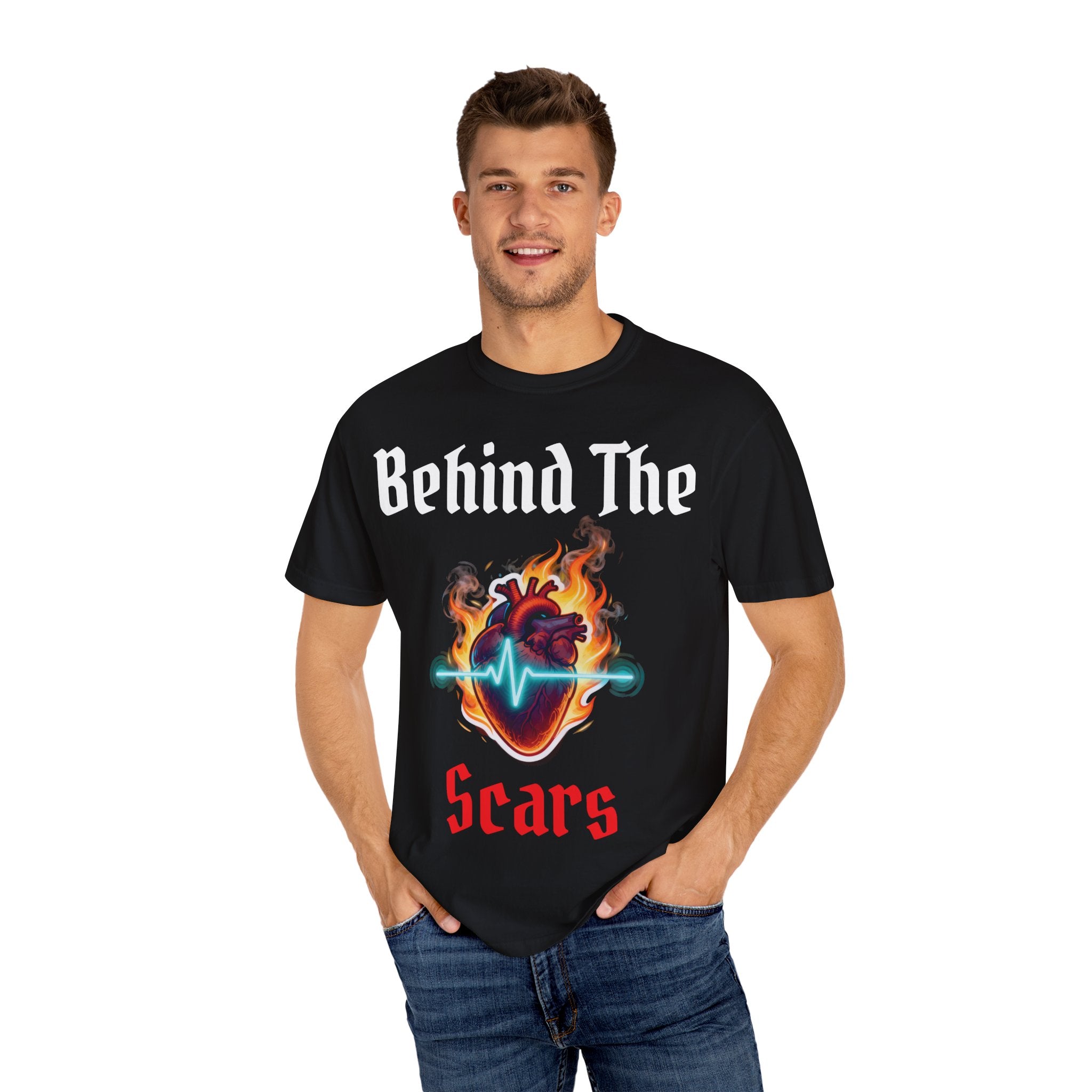 White text T-Shirt — "Behind The Scars" Flaming Heart Design