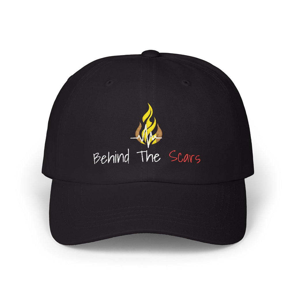 White Text 'Behind The Scars' Dad Cap – Embroidered Camping Flame Baseball Hat