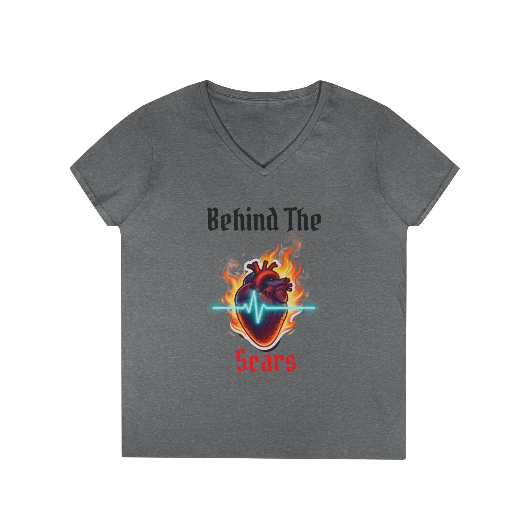 Flaming Heart Behind The Scars Ladies' V-Neck Tee
