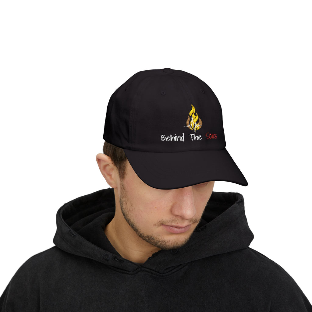 White Text 'Behind The Scars' Dad Cap – Embroidered Camping Flame Baseball Hat