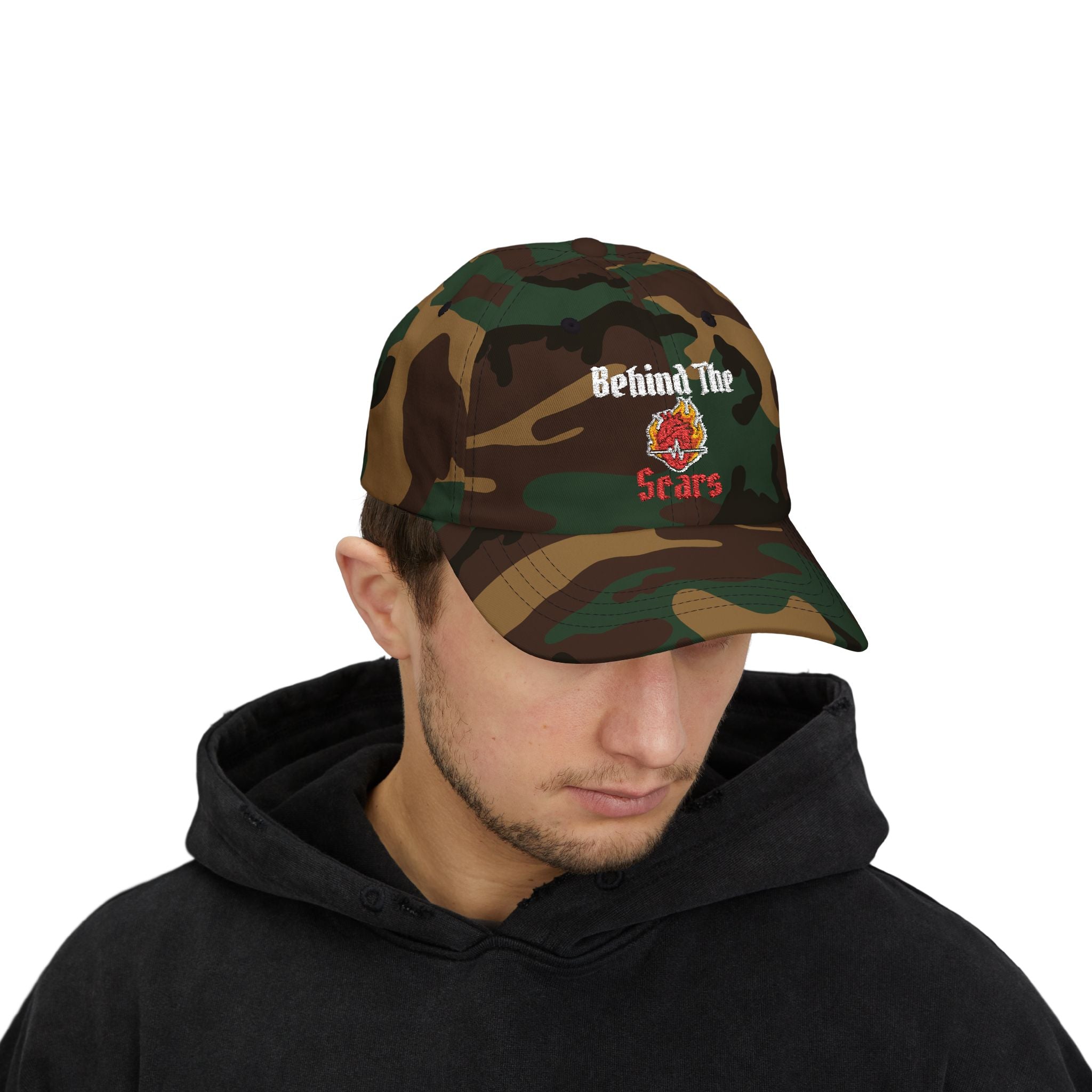 White Text of Behind The Scars Flaming Heart Embroidered Dad Cap
