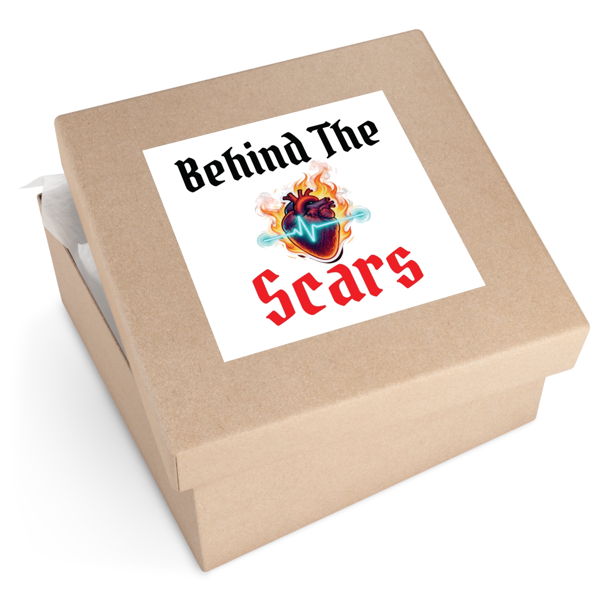Square Sticker — "Behind The Scars" Heartbeat Flame Design (Indoor/Outdoor)