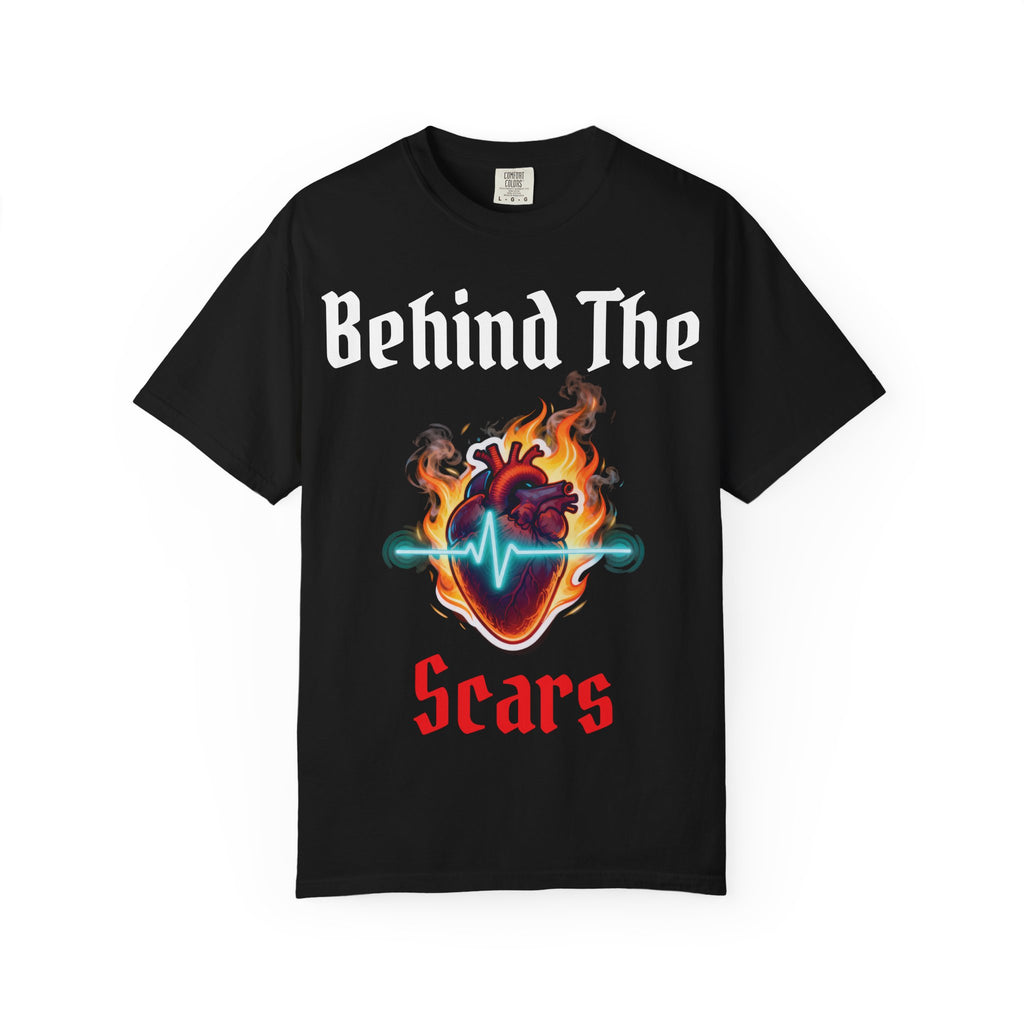 White text T-Shirt — "Behind The Scars" Flaming Heart Design