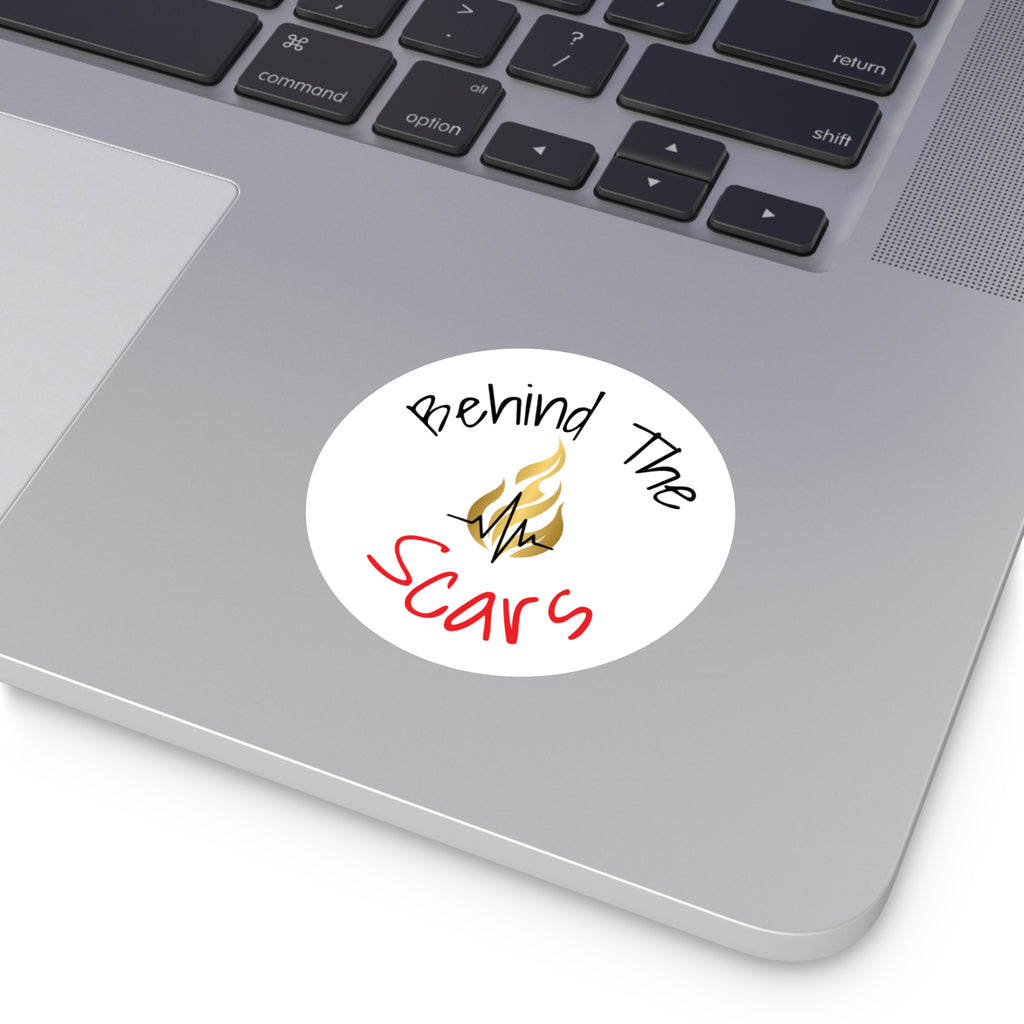 Round Sticker — "Behind The Scars" Flame Heart
