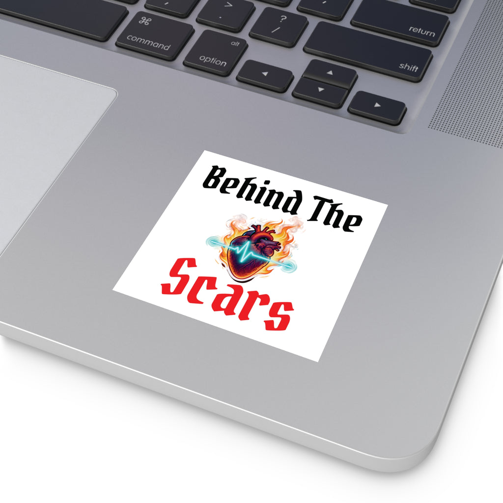 Square Sticker — "Behind The Scars" Heartbeat Flame Design (Indoor/Outdoor)