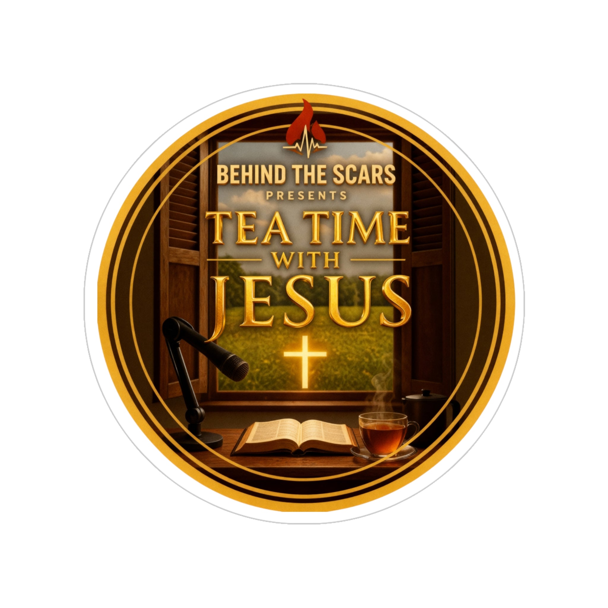 Round Transparent Sticker – "Tea Time with Jesus" Decal