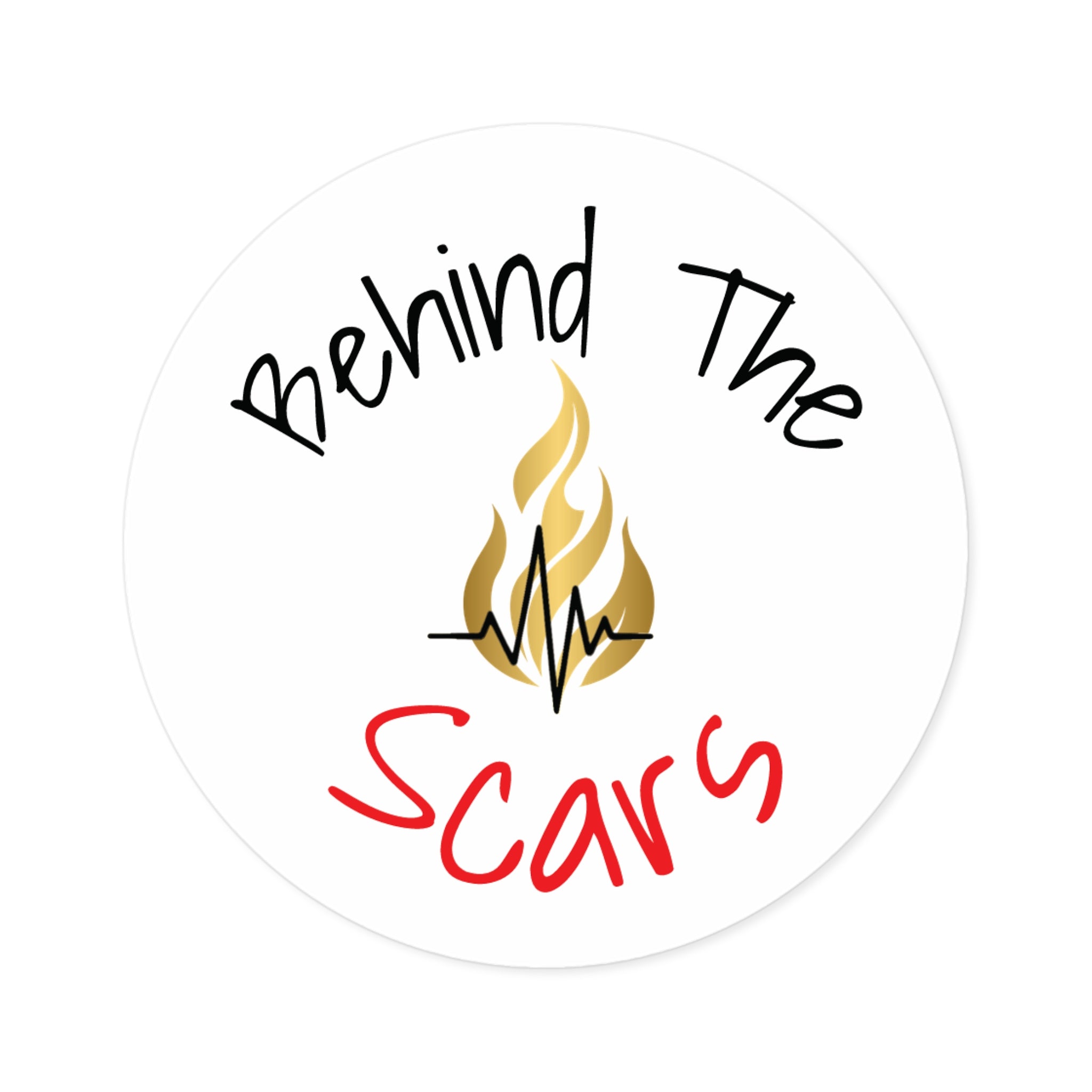 Round Sticker — "Behind The Scars" Flame Heart