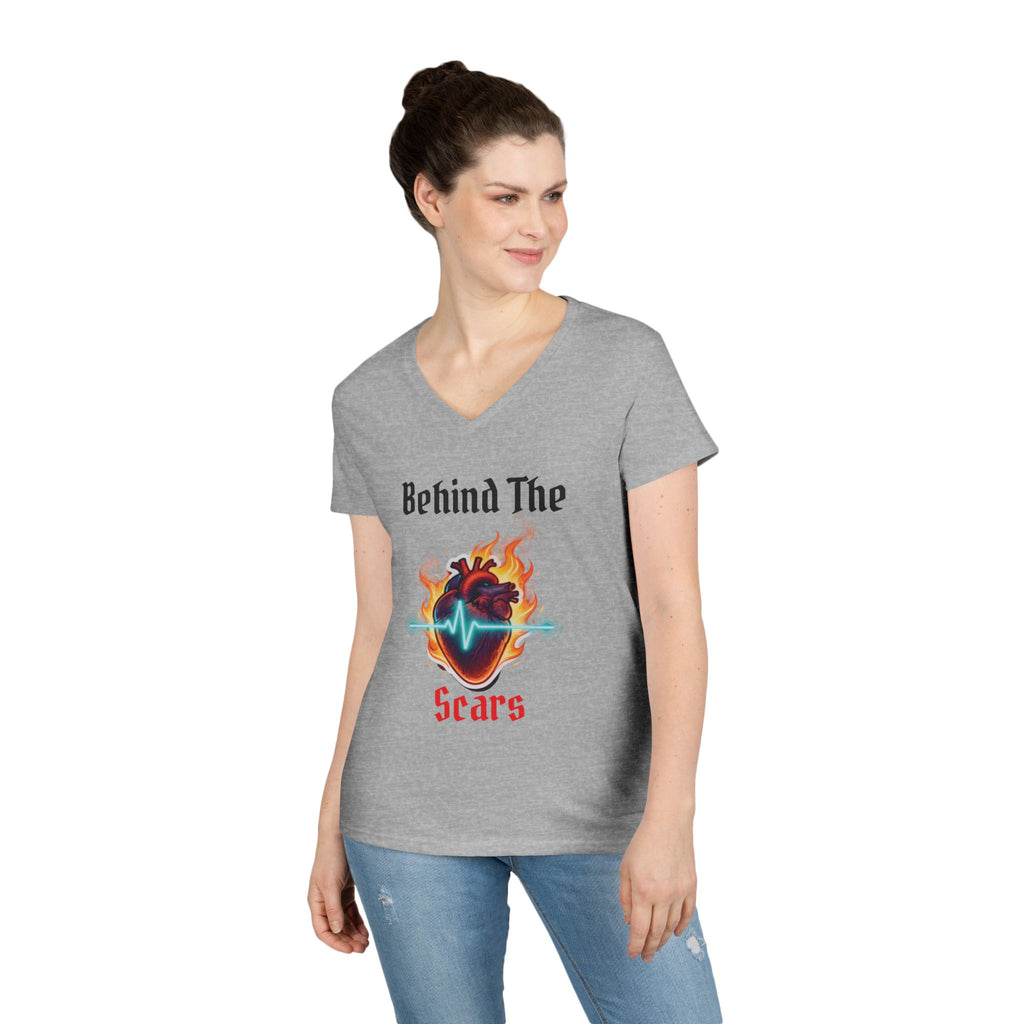 Flaming Heart Behind The Scars Ladies' V-Neck Tee